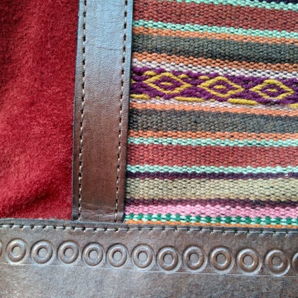 RichRed Suede Encased In Deep Brown Sturdy Tooled CowHide Colorful Woven Patches - Picture 6 of 11